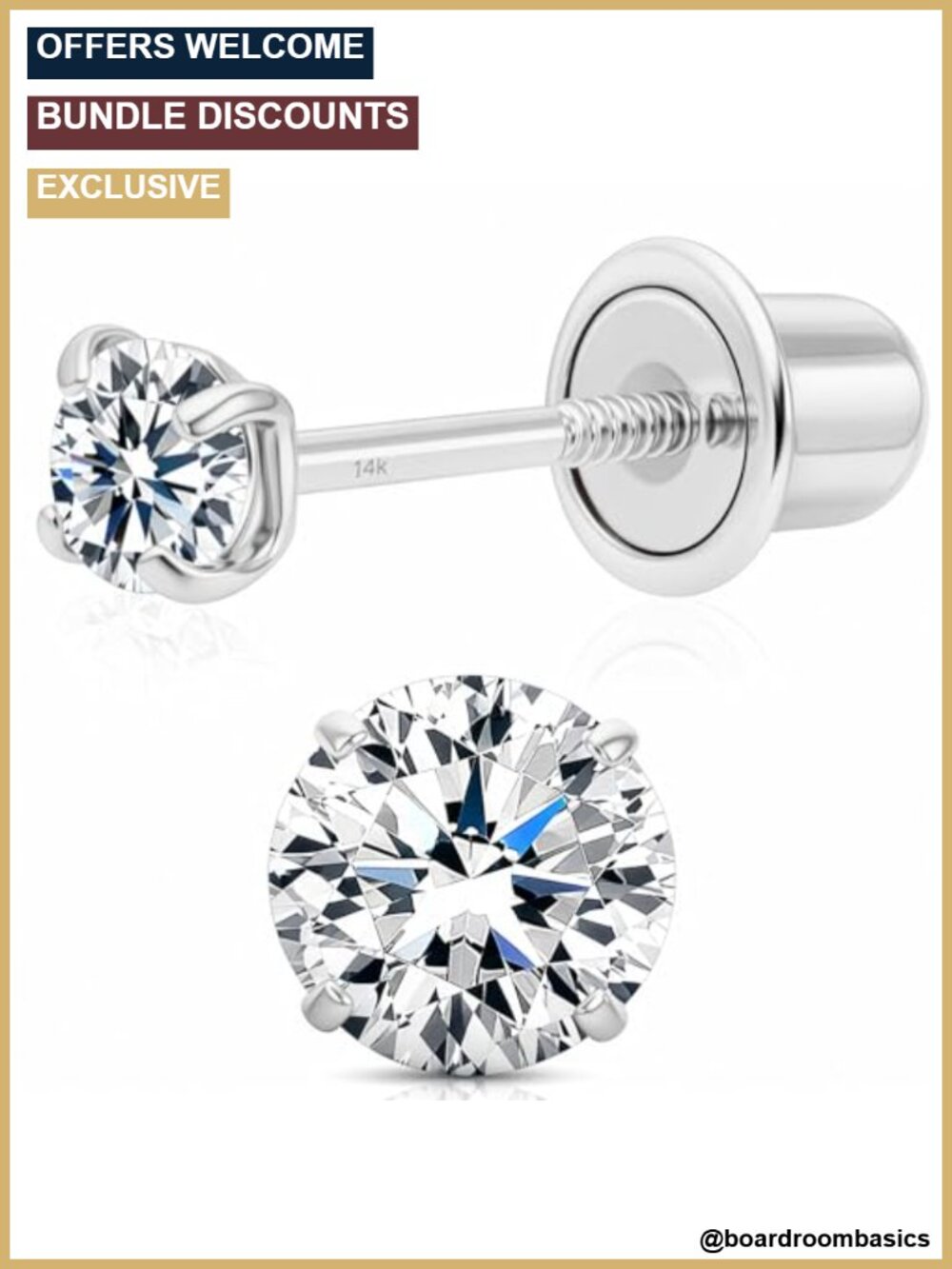 Solid 14K White Gold Cubic Zirconia Stud Earrings Screw Back Round Solitaire